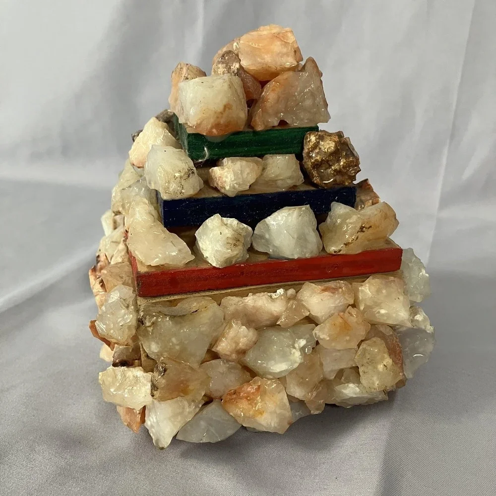 Handmade Stone Quartz Rock Encrusted Pyramid Trinket Jewelry Box Wood‎ Keepsake